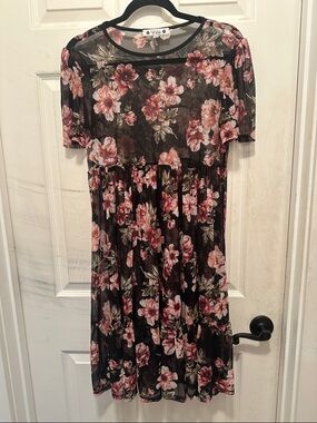 Wilde Black Floral Mesh Midi Dress with Pink Bloom Print